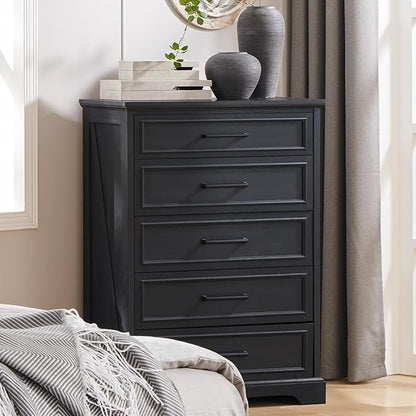 ACCOHOHO Farmhouse 5 Drawers Dresser Chests for Bedroom,46" Tall Wood Rustic Chest of Drawers with Wide Metal Handle,Natural Texture,Drawer Organizer for Bedroom,Living Room,Hallway and Entryway,Black