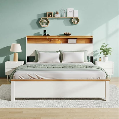 Full Bed Frame, Wood Platform Bed Frame with Storage Headboard, Charging Station, Modern Bedframe Full Size, 800lbs Capacity, Metal Slat Support, Noise-Free, No Box Spring Needed-White