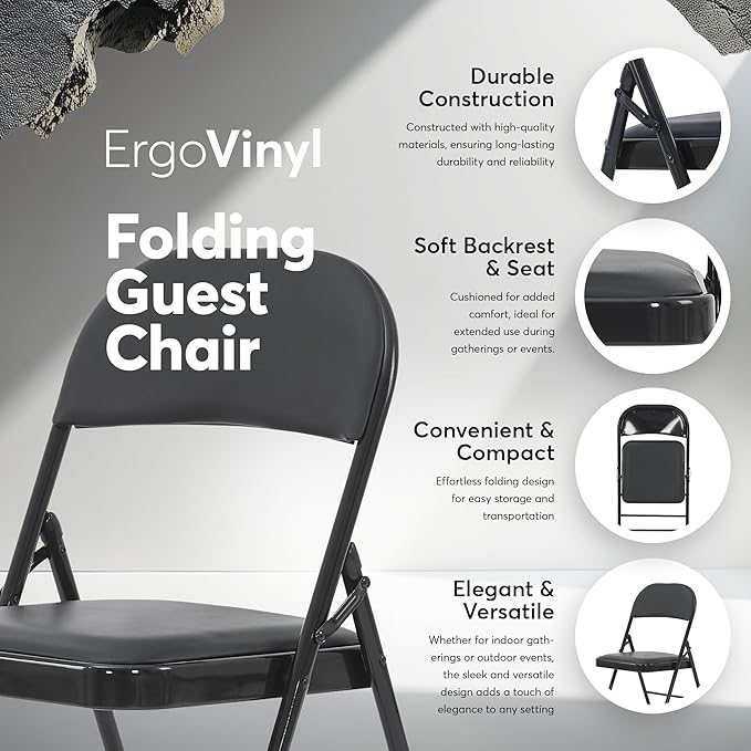 Oline Vinyl Folding Chairs, Padded Vinyl Cushion Chairs with Durable Metal Frame, Indoor Outdoor Stackable Foldable Guest Chairs for Office Wedding Kitchen Dining, 300lb Capacity (Black, 2 Pack)