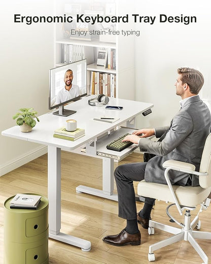 Casaottima Electric Standing Desk with Keyboard Tray, 35 Inch Height Adjustable Small Table, Sit Stand Table, Writing Computer Desk for Home, Office, Workstation, White