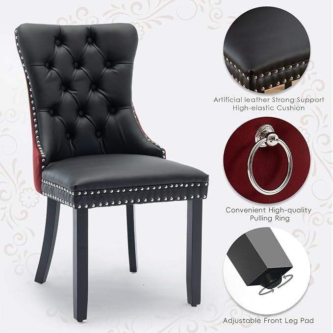 Leather Upholstered Dining Chairs Set of 6, Modern Style Kitchen Side Chairs with Nailhead Trim and Wood Leg, Metal Pulling Ring for Dining Room Living Room(Black&Wine Red)