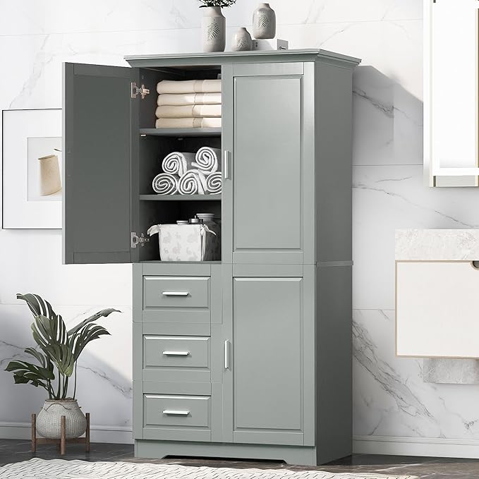 P PURLOVE Bathroom Storage Cabinet with 3 Drawers,Tall and Wide Bathroom Cabinet Standing,Wood Freestanding Tall Bathroom Cabinet for Kitchen,Living Room