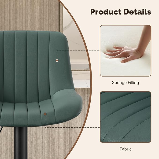 Nalupatio Bar Stools Set of 2, Adjustable Modern Swivel Bar Stools with Backs, Counter Height Performance Fabric Island Chairs for Home Kitchen, Dark Green