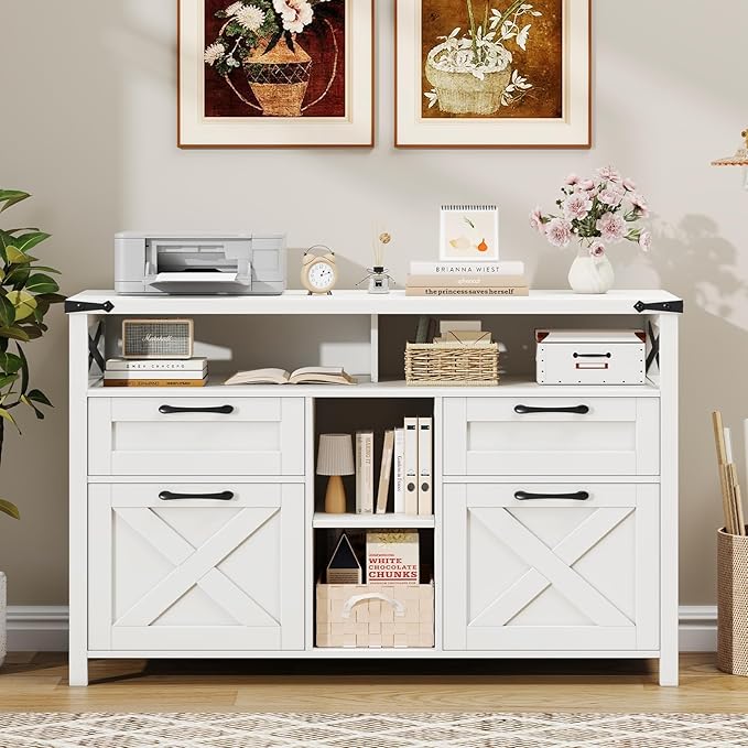 Filing Organization Storage Cabinets 4 Drawer with Adjustable Shelf, Lateral Filing Cabinet with Open Storage Shelf for Home Office, Farmhouse File Cabinets for Hanging Files Letter/A4.(White)