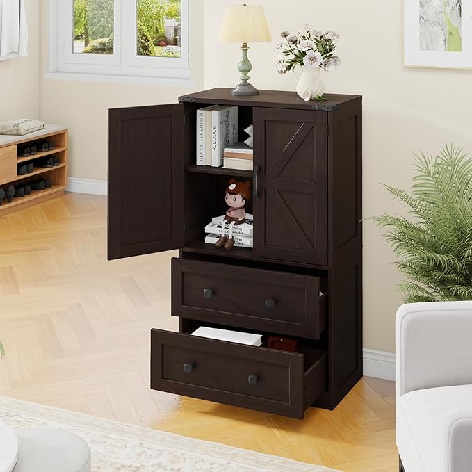 Farmhouse Bathroom Storage Cabinet with 2 Big Drawers and Barn Doors, Kitchen Pantry, Freestanding Storage Cabinet with Adjustable Shelves for Bathroom, Living Room, Kitchen(Espresso)