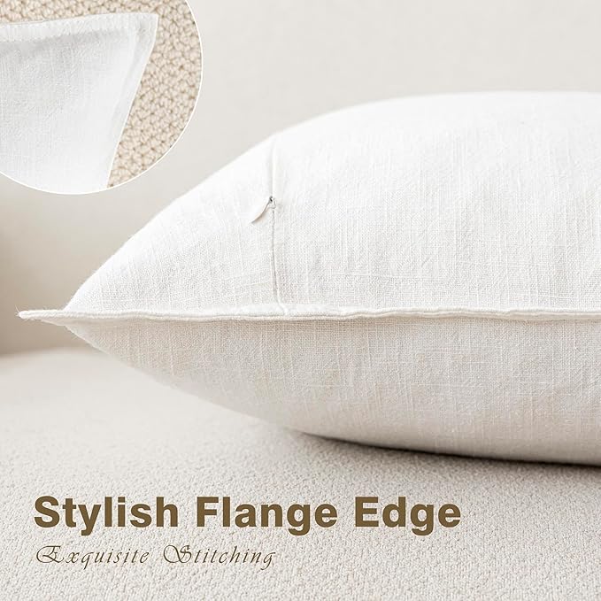 Foindtower Pack of 2, Decorative Linen Soild Throw Pillow Covers Soft Accent Cushion Case Boho Farmhouse Neutral Pillowcase for Chair Couch Sofa Bedroom Living Room Home Decor 20 x 20 Inch Cream White
