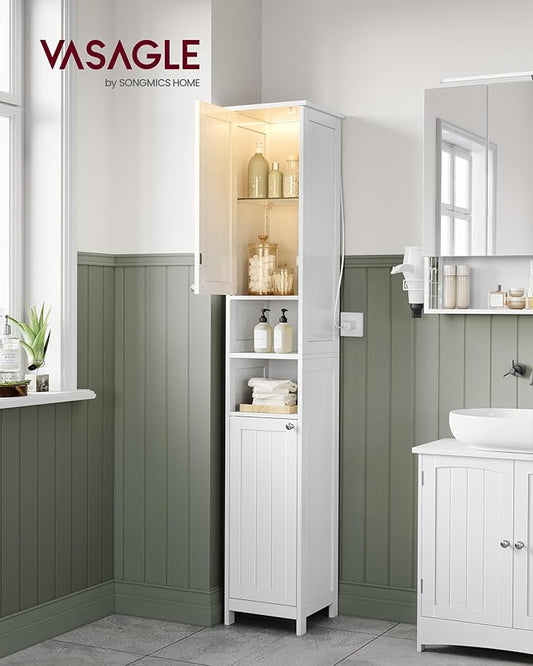 VASAGLE Tall Storage Cabinet with Lights, Slim Freestanding Cabinet with Adjustable Shelves, for Small Spaces, Bathroom, Living Room, Modern, 11.8 Inches Wide, Cloud White UBBC566W02