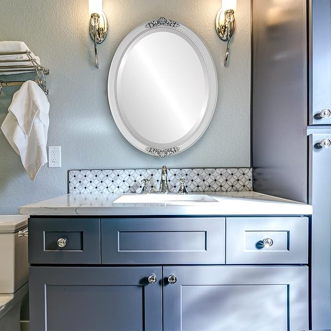 OVALCREST Oval Beveled Wall Mirror for Home Decor - Athena Style - Linen White - 26" x 20" Outside Dimensions