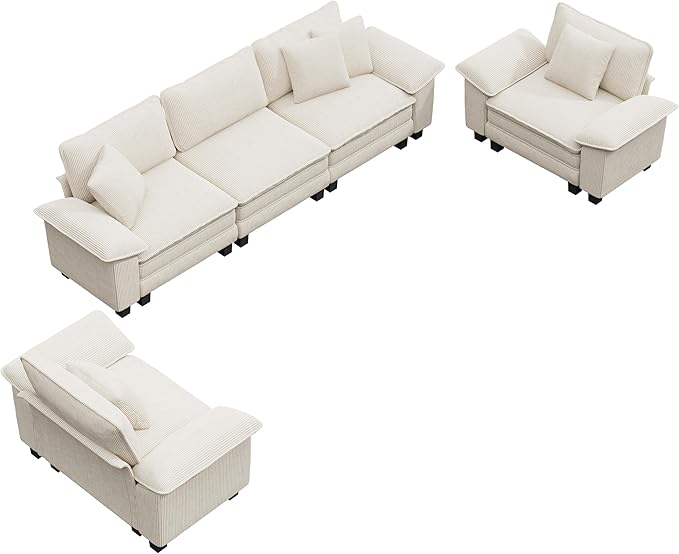 PHI VILLA Cloud Modular Couches Sets, 3 Pieces Large Sectional Sofa Set with Single Sofa, 5-Seater Upholstered Couch for Living Room, Corduroy, Beige