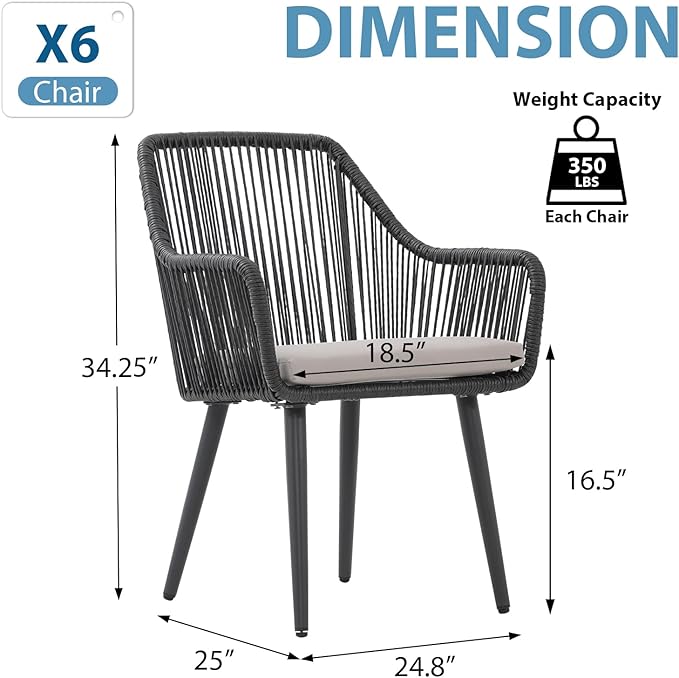 JOIVI Outdoor Dining Chairs Set of 6, 6 Pieces Woven Rope Patio Chairs with Armrest and Seat Cushions for Outside Porch, Balcony or Indoor Dining Kitchen, Restaurant, Black