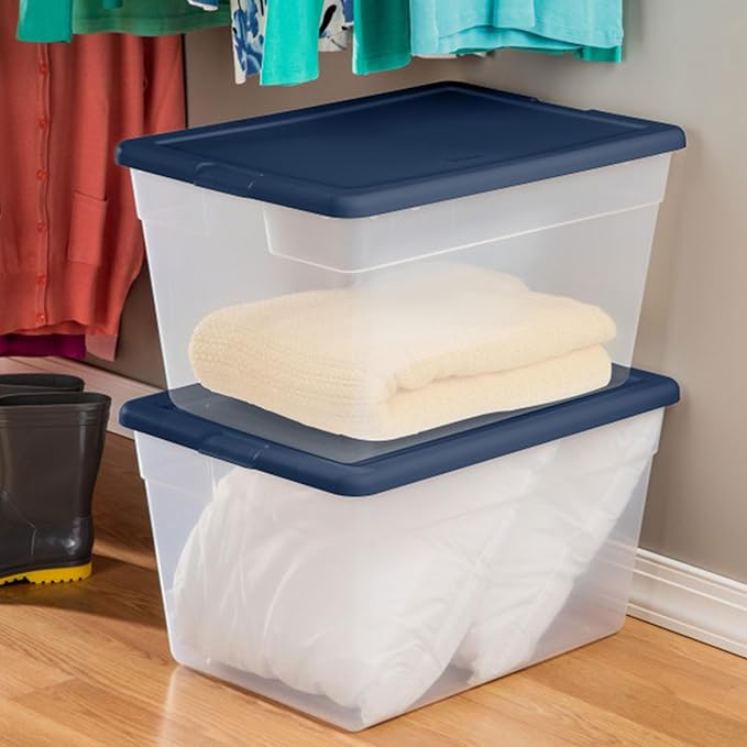 Sterilite 8-Pack Storage Box, Plastic Container Bins with Lids, 56 Quart, Marine Blue - Heavy-Duty Organizing Containers for Closet, Bathroom, and Office