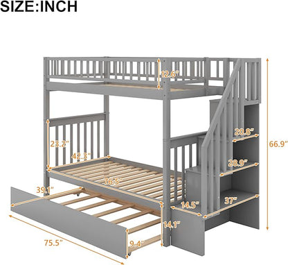 Twin-Over-Twin Bunk Bed with Trundle,Guardrail and 4 Storage Shelves,Wood Bunk-Bed W/Planked Panel Headboards & Footboards,Bedroom Furniture for Children,Teens,Adults,Gray
