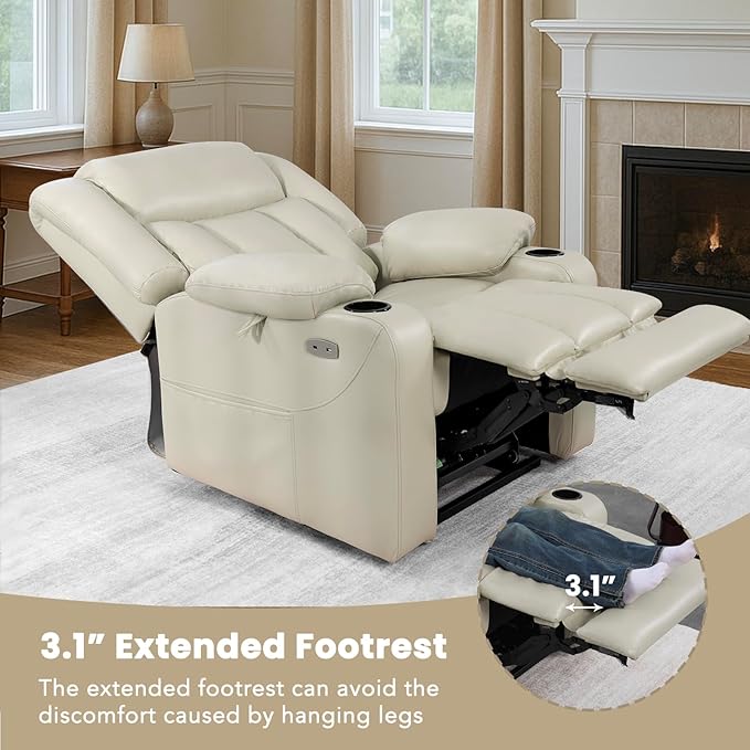 EONIX Dual Motor Oversized Power Lift Recliner Chair for Elderly, 400lbs Heavy Duty Faux Leather Recliner with Massage and Heat, Lay Flat Big and Tall Lift Chair with Cup Holders, Cream White