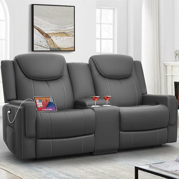 Loveseat Recliner Sofa, Gray PU Leather Double Recliner Loveseat with Console, Cup Holders, Storage & USB Ports, Ergonomics， Manual Reclining Sofa Couch for Living Room, RV