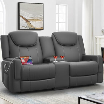 Loveseat Recliner Sofa, Gray PU Leather Double Recliner Loveseat with Console, Cup Holders, Storage & USB Ports, Ergonomics， Manual Reclining Sofa Couch for Living Room, RV