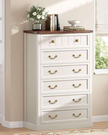 AOGLLATI Farmhouse Dresser with 6 Drawers, 51.2”Tall Wooden Rustic Chest of Drawers with Natural Texture, Vintage Design, Bedroom Dressers with Drawers for Bedroom, Antique White