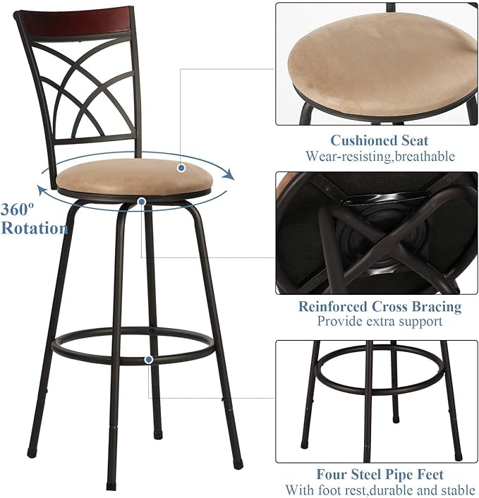 VECELO Bar Stools, 24/29" Adjustable Barstool,Swivel Counter Stool with Upholstered Seat,Steel Bistro Pub Chairs, Wood Top Backrest,Set of 2