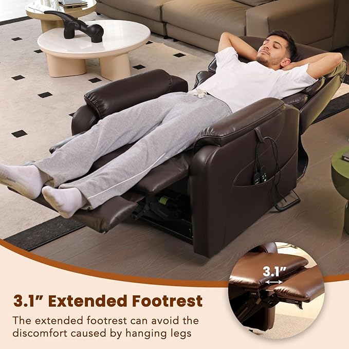 EONIX Dual Motor Lay Flat Power Lift Recliner Chair for Elderly, Electric Leather Lift Chairs for Adults, 400lbs Heavy Duty Power Recliner Lift Sofa with Heat and Massage, Dark Brown