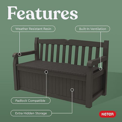 Keter Solana 70 Gallon Storage Bench Deck Box for Patio Furniture, Front Porch Decor and Outdoor Seating – Perfect to Store Garden Tools, Brown/Brown