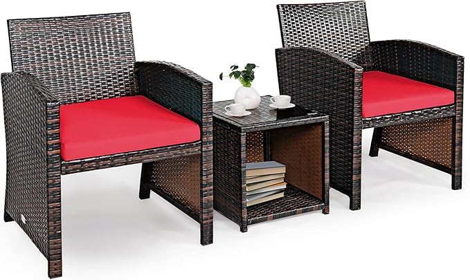 COSTWAY 3 Pieces Patio Furniture Sets, Outdoor Rattan Conversation Set with Tempered Glass Tabletop and Soft Cushion, Wicker Cushioned Chair Sofa for Backyard, Porch, Poolside, Lawn, Red