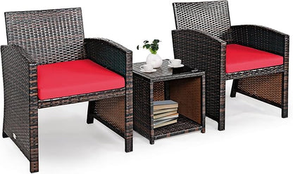 COSTWAY 3 Pieces Patio Furniture Sets, Outdoor Rattan Conversation Set with Tempered Glass Tabletop and Soft Cushion, Wicker Cushioned Chair Sofa for Backyard, Porch, Poolside, Lawn, Red