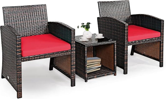 COSTWAY 3 Pieces Patio Furniture Sets, Outdoor Rattan Conversation Set with Tempered Glass Tabletop and Soft Cushion, Wicker Cushioned Chair Sofa for Backyard, Porch, Poolside, Lawn, Red