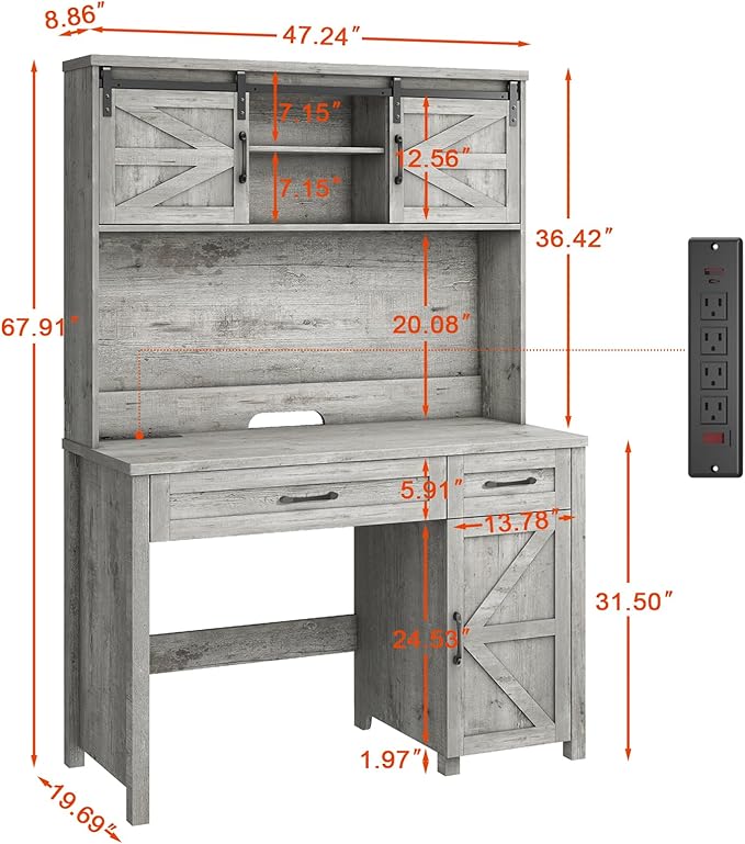 Vabches Farmhouse 47" Executive Desk, Computer Desk with Drawers and Storage Cabinet, Workstation with Hutch for Home Office
