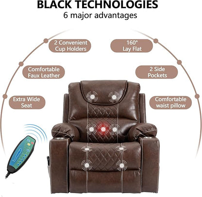 Power Lift Recliner Chair Sofa with Massage and Heat for Big and Tall Elderly,Infinite Positions,Single Motor,Cup Holders,and USB Ports,Faux Leather Home Theater Seat