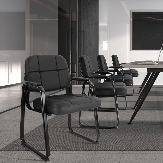 CLATINA Waiting Room Chairs with Padded Arms Leather Guest Chair no Wheels for Office Reception and Conference Desk with Sled Base Black, 2PK
