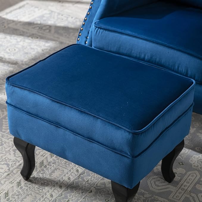 Mid Century Modern Accent Chair Upholstered Armchair Comfy Velvet Tufted Wingback Single Sofa with Ottoman for Bedroom Living Room, Blue