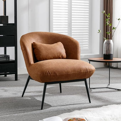 HEAH-YO Modern Accent Chair Set of 1, Living Room Chair with Barrel Backrest, Upholstered PU Faux Leather Armless Side Chair with Metal Legs for Bedroom, Brown