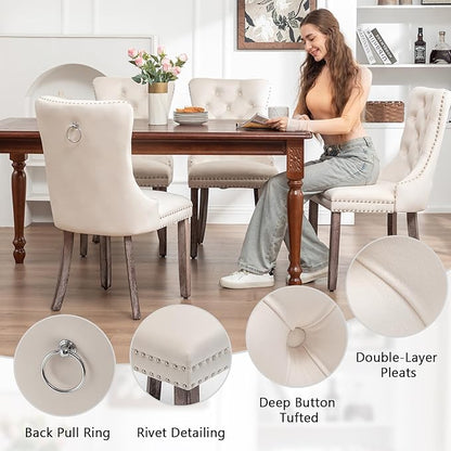 Velvet Dining Chairs Set of 6, Upholstered Dining Room Chairs with Nailhead Ring Pull Trim, Button Tufted Wing Back Chairs for Dining with Solid Wood Legs for Kitchen Dining Room(Beige)