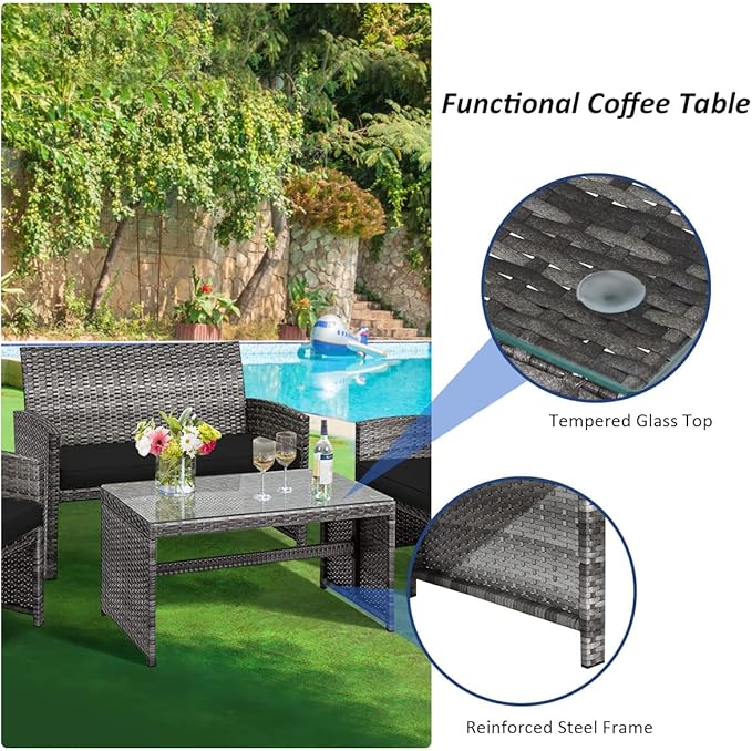 COSTWAY Patio Furniture Set 4 Pieces, Outdoor Wicker Chairs Sofa w/Coffee Table and Soft Cushions, Rattan Conversation Sets for Patio Lawn Backyard Yard Pool Garden, Black