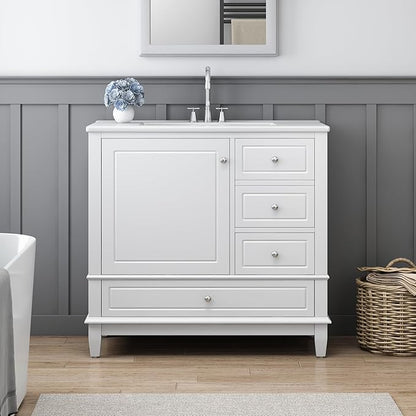 36 Inch Bathroom Vanity with Sink Set, Undermount Vanity Sink Cabinet with 3 Drawers and Door Storage, Soft Closing Door, Wood Frame, White