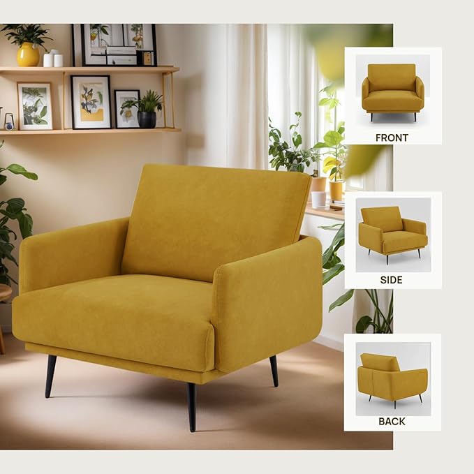 Mid-Century Accent Chair,Modern Oversized Armchair for Living Room,Comfy Upholstered Reading Accent Chairs for Bedroom,Single Sofa Chair (Yellow-1PACK)