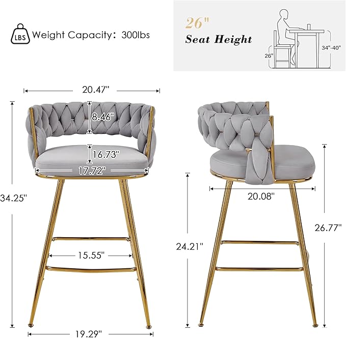 VECELO Bar Stools Set of 2, Counter Height Bar Stools, 26 inch Seat Barstools with Woven Back and Footrest for Kitchen Island Counter, Grey