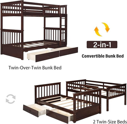 Merax Wood Bunk Bed with Drawers,Convertible Wood Bunk Bed with Ladders and Two Storage Drawers,Solid Wood Detachable Bed Frame with Ladders,Twin Over Twin Size,Espresso
