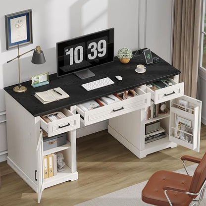 ONBRILL 59 inch Farmhouse Executive Desk with Drawers, Home Office Desk with File Cabinet, Outlets, Storage Cabinet, Keyboard Tray, Wood Computer Desk for Work Study Writing (Off White & Black)