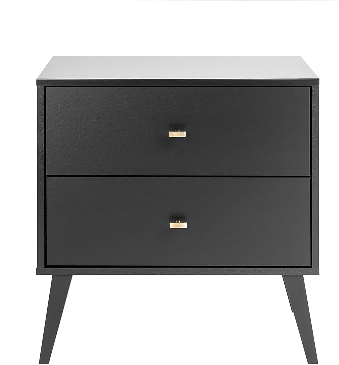 Prepac Milo Mid-Century Modern 2 Drawer Nightstand, Bedside Table, Contemporary Bedroom Furniture, 16"D x 25"W x 25"H, Black