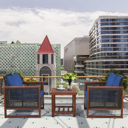 COSTWAY 3 Pieces Wicker Patio Furniture Set, Outdoor Wicker Sofa with Acacia Wood Frame, Coffee Table & Washable Cushions, Rattan Conversation Sets for Yard, Porch Bistro Balcony, Backyard, Navy Blue