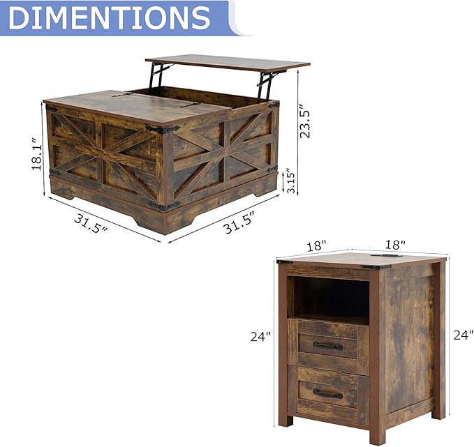 Farmhouse Coffee Table Set of 3, Lift Top Coffee Table with Sliding Barn Doors and Nightstands Set of 2 with Charging Station, Living Room Table Set for Home Office, Brown