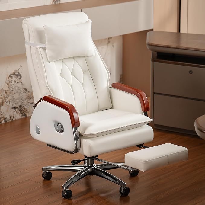 Kinnls Cameron Massage Chair Genuine Leather with Heated Ventilation, Managerial Executive Home Office Chair Fully Reclining with Retractable Footrest and Adjustable Headrest (Cowhide Leather-White)