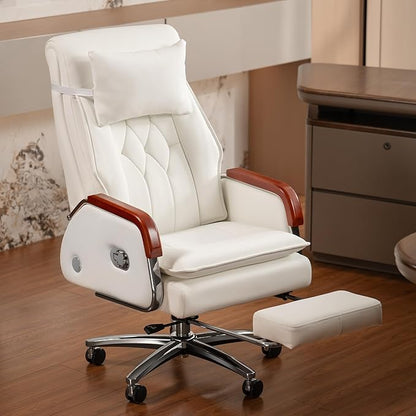 Kinnls Cameron Massage Chair Genuine Leather with Heated Ventilation, Managerial Executive Home Office Chair Fully Reclining with Retractable Footrest and Adjustable Headrest (Cowhide Leather-White)