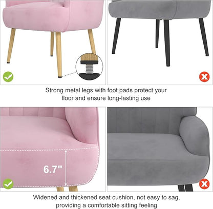 Velvet Accent Chair, Upholstered Modern Leisure Single Sofa Side Chair, Comfy Tufted Back Armchair with Metal Legs for Living Room/Bedroom/Office/Reading Room, Pink
