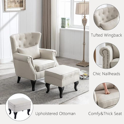 Mid Century Modern Accent Chair Upholstered Armchair Comfy Linen Fabric Tufted Wingback Single Sofa with Ottoman for Bedroom Living Room, Beige