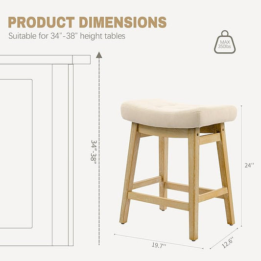 Counter Height Bar Stools Set of 4 for Kitchen Counter Farmhouse Modern Barstools with Upholstered Fabric Backless Seat and Solid Wood Legs 24 inch Bar Chairs, Khaki + Wood Color