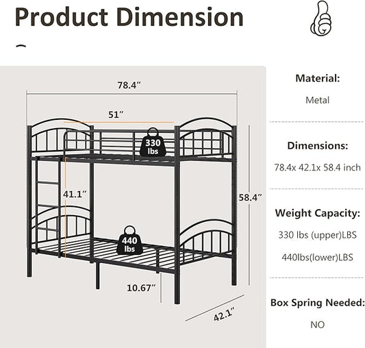 Alohappy Bunk Beds Frame Twin Over Twin, Convertible Into 2 Individual Metal, Removable Ladder & Safety Guard Rail (Black)