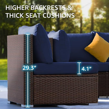NICESOUL Large Size 9 Pcs Outdoor Patio Sectional Sofa Set with Firepit Natural Gas/Propane, 29.3'' High Back Conversation Sectional Couch Sets Deep Wide Sitting, Brown Rattan and Navy Blue Cushion