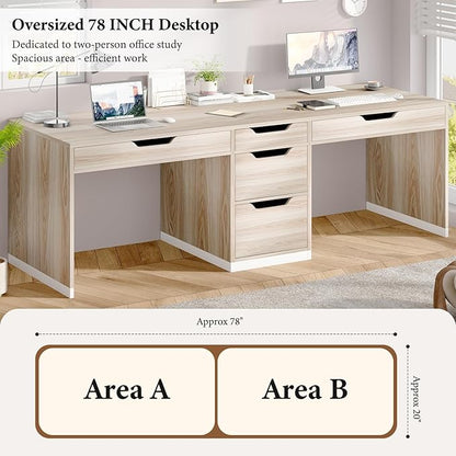 Two Person Desk with 5 Drawers, Double Desk with Storage for 2 People, 78 Inch Extra Long Computer Desk Workstation with File Drawer for Home Office, White and Walnut
