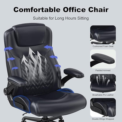 Ergonomic Executive Office Chair for Big & Tall - 500lbs Capacity with Lumbar Support & Flip-Up Armrests, Heavy Duty PU Leather Computer Desk Chair, Black